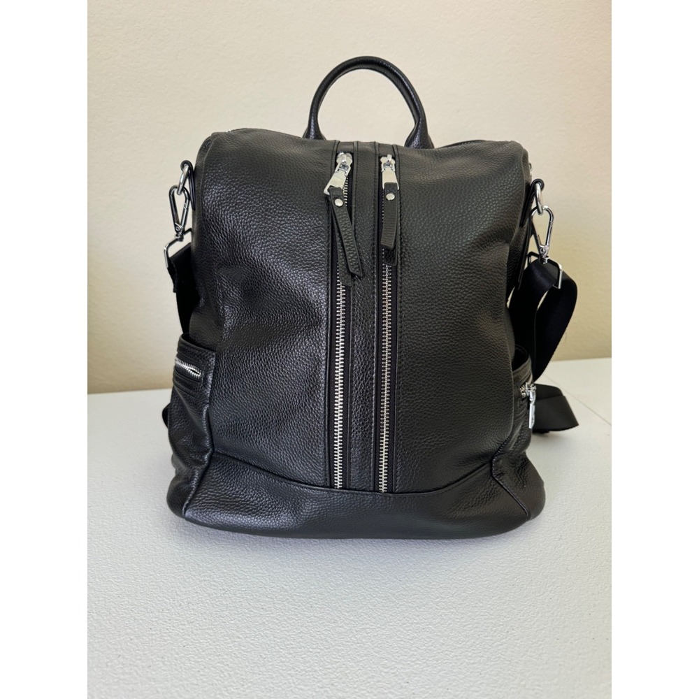 Altosy Pebbled Leather Backpack Purse Black Convertible Shoulder Bag Double Zip